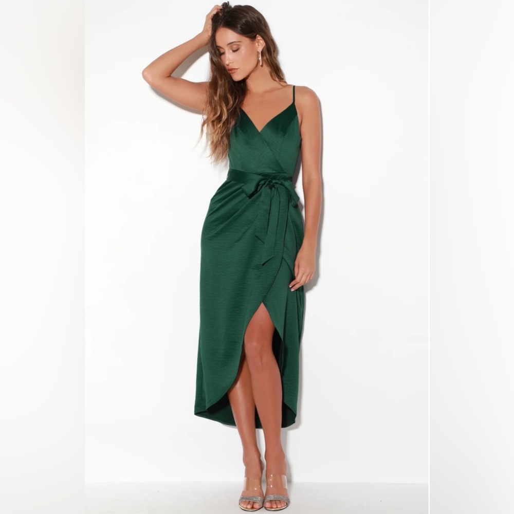 Lulus Joice Forest Green Satin Midi Dress